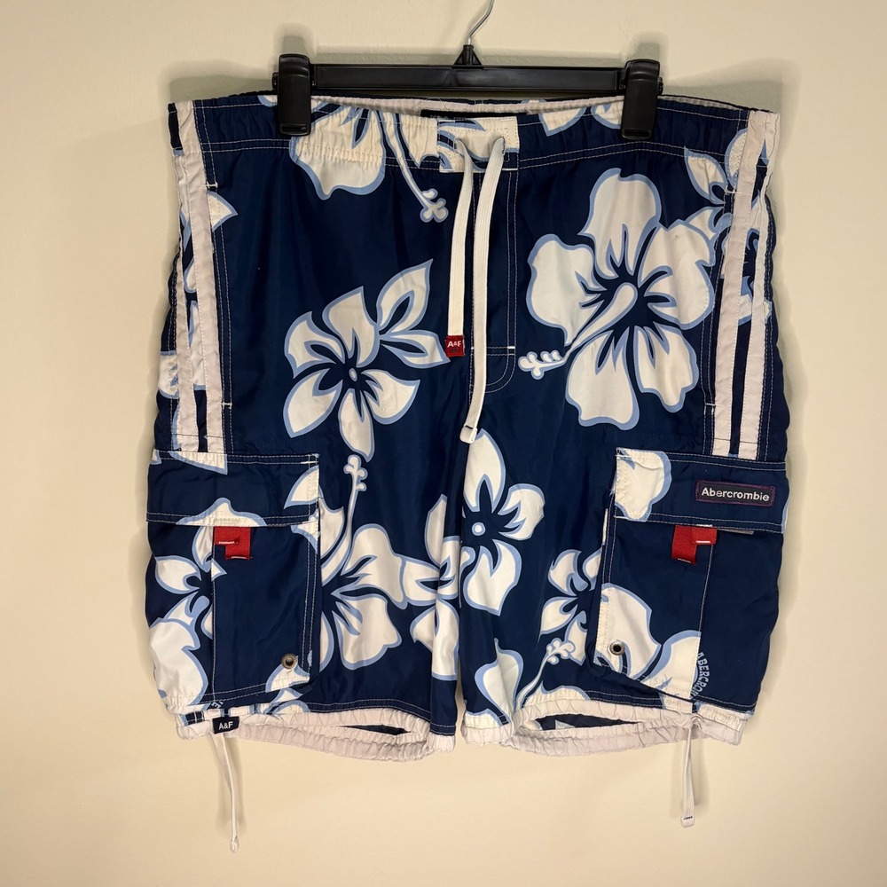 Y2K Abercrombie & Fitch Swim Trunks Mens XL Blue Hibiscus Floral Board Shorts